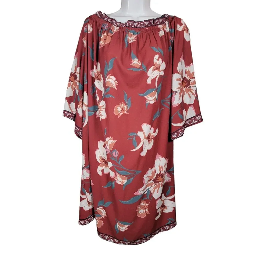 Flying Tomato Womens Plus Size 2X Bohemian Dress Red Floral ‎ Off Shoulder